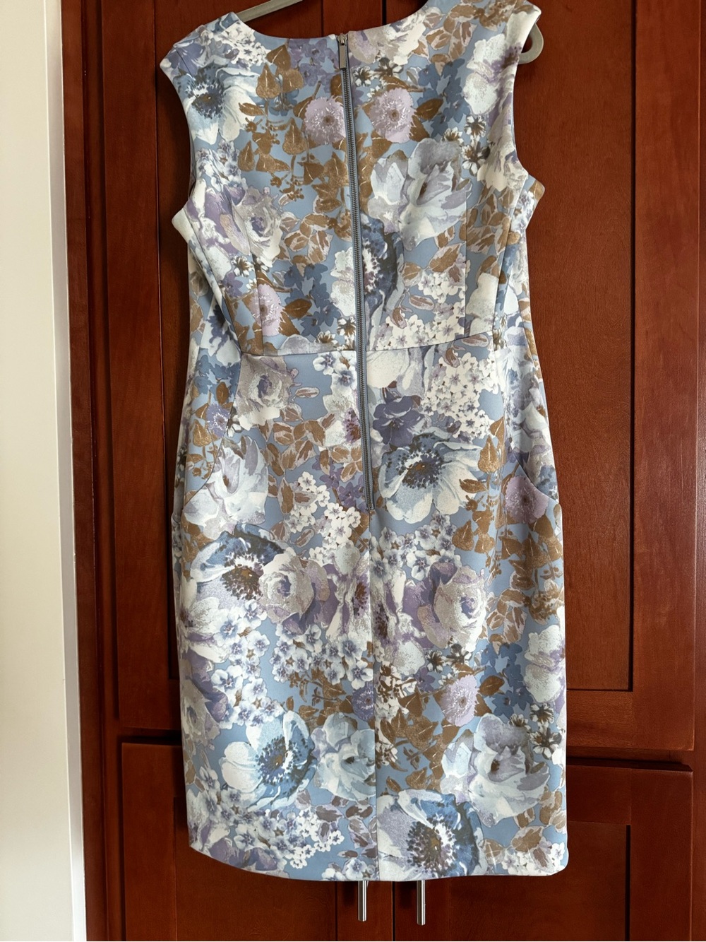 Calvin Klein Pastel Floral V-Neck Sheath Dress in Blue, Lavender, Cream, Gold - Picture 3 of 6